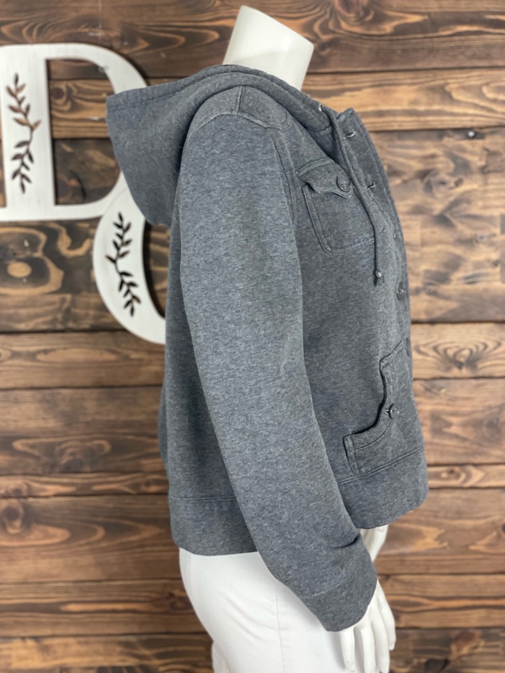 Olivia Sky | Fleece Lined Gray Hooded Drawstring Button-Front Mid Length Jacket - Picture 4 of 5